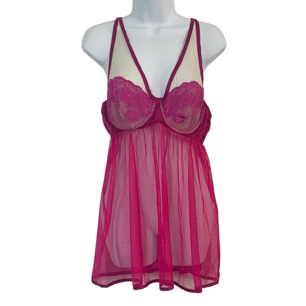 CACIQUE Pink Lace & Mesh Babydoll Lingerie Sz 14/16